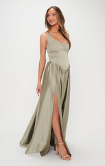 Abigail Maxi Dress ~ Moss Green Luxe Satin