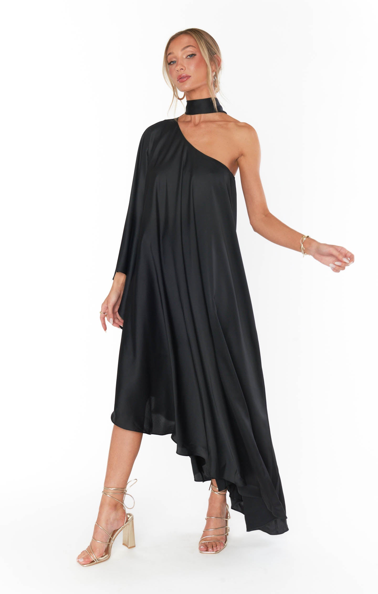 Rhea One Shoulder Dress ~ Black Luxe Satin