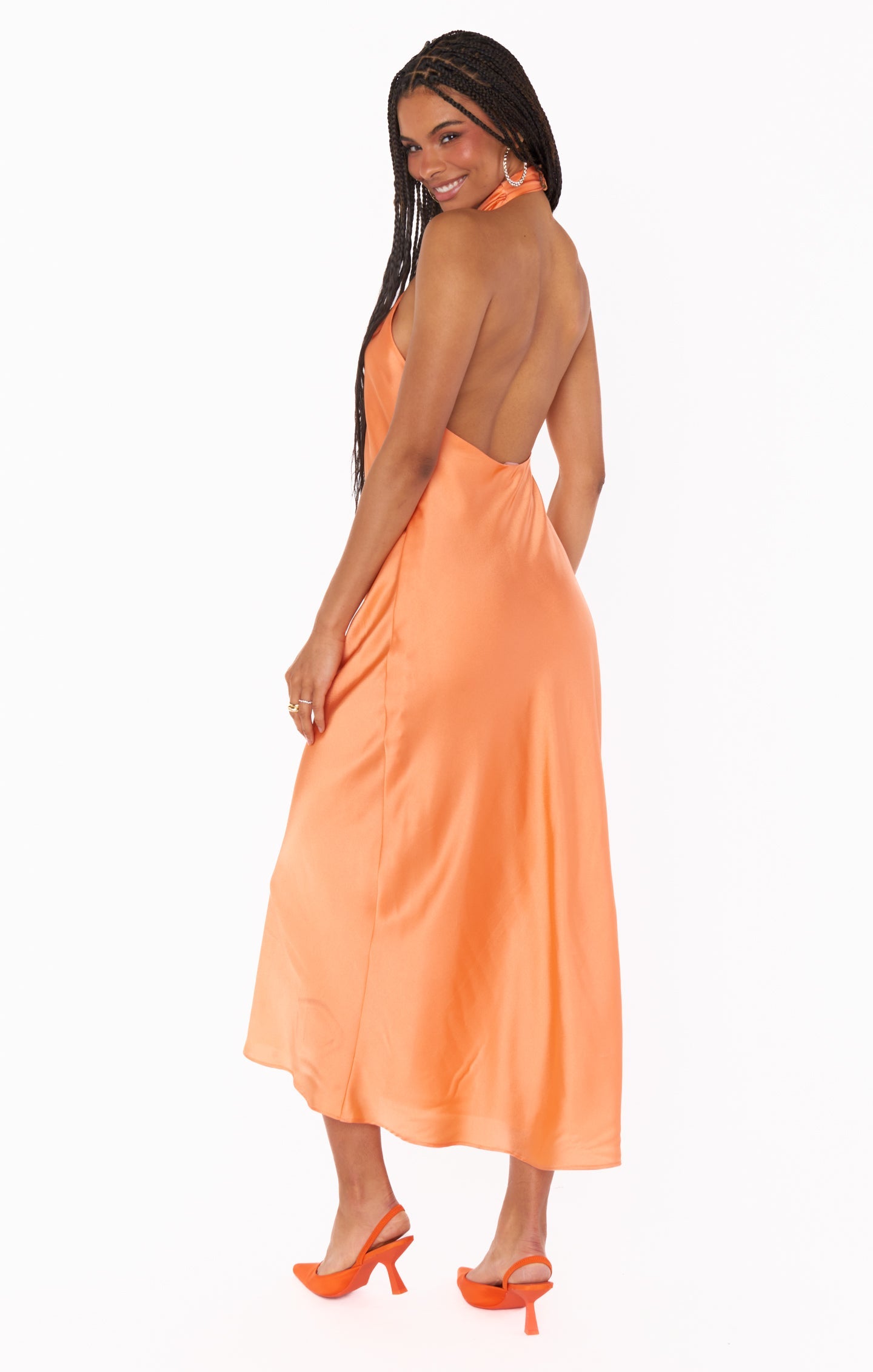 Jasmine Halter Midi Dress ~ Cantaloupe Luxe Satin