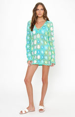 Vacay Mini Coverup ~ Blue Multi Floral Crochet