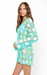 Vacay Mini Coverup ~ Blue Multi Floral Crochet